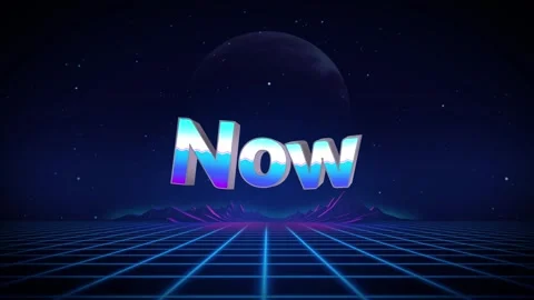 Retro synthwave style animated text featuring the word now against a digital Stock Footage 344714835