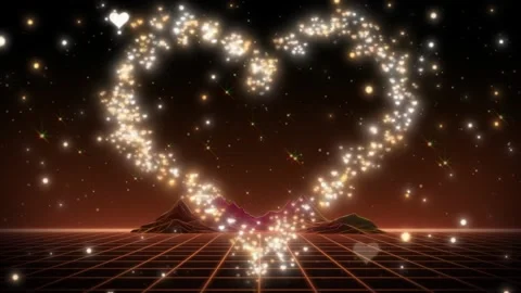 Retro synthwave style background with a glowing golden heart shape made of Stock Footage 337461018