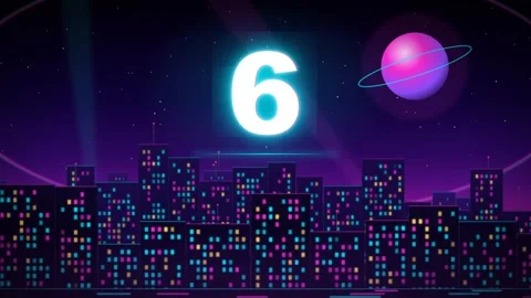 Retro Synthwave Style Digital Countdown Timer Over a Glowing Pixel City Stock Footage 348191159