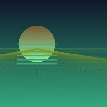 Retro Synthwave Style Digital Landscape with Teal Wireframe Grid and Sunset.. Stock Illustration