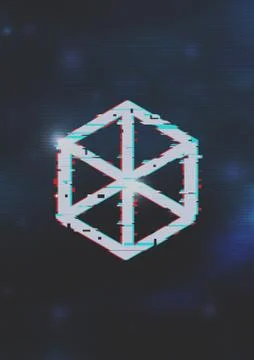 A retro synthwave style generic geometric isometric cube logo on a blue blurr Stock Illustration