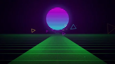 Retro synthwave sun and wireframe grid seamless loop motion background Stock Footage 345182928
