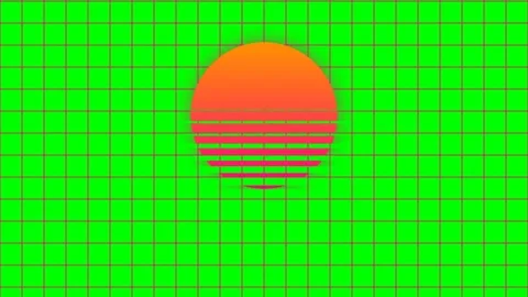 Retro synthwave sun graphic featuring a vibrant orange gradient on a green gr Stock Footage 340266319