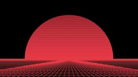 Retro Synthwave Sun Over Glowing Grid Stock Illustration