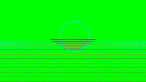 Retro synthwave sun setting over a digital perspective grid in neon green Stock Footage 340263399