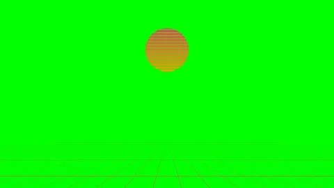 Retro synthwave sun setting over a digital grid on a vibrant green background Stock Footage 340264856