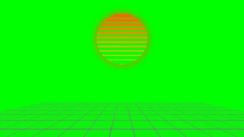 Retro synthwave sun setting over a digital grid on a vibrant green background Stock-Footage 340264967