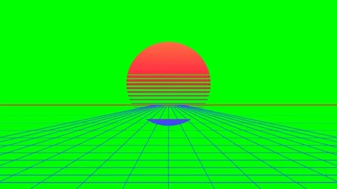 Retro synthwave sun setting over a digital neon grid landscape background Stock Footage 340264981