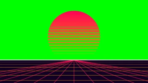 Retro synthwave sun setting over a digital perspective grid landscape view Stock Footage 340266565