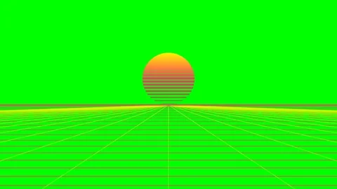 Retro synthwave sun setting over a digital neon green landscape grid Stock Footage 340266873