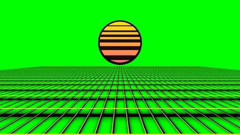 Retro synthwave sun setting over a vibrant green digital grid landscape Stock Footage 340268512