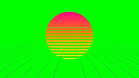 Retro synthwave sun setting over a digital neon green landscape grid horizon Stock Footage 340901775