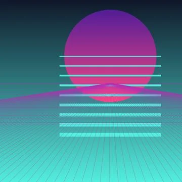 Retro synthwave sunset background with neon grid and stylized sun in 80s ae.. Stock Illustration