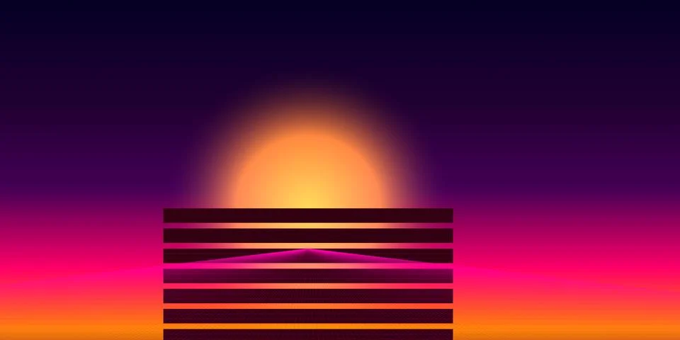 Retro synthwave sunset with dark glowing horizontal lines Stock Illustration