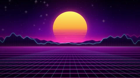 Retro synthwave sunset landscape with neon grid floor and mountains Видео 347737677