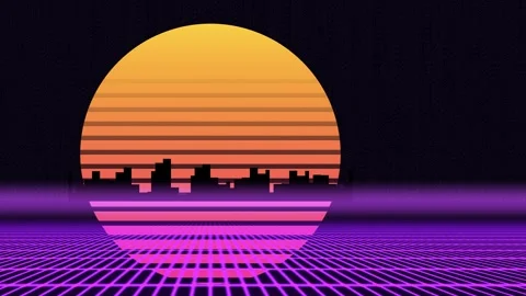 Retro Synthwave Sunset with Large Striped Sun City Silhouette and Purple Ne.. Видео 345981749