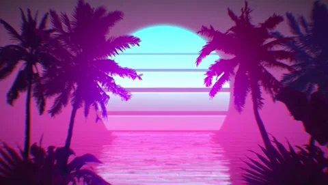 Retro synthwave tropical beach sunset with palm trees and neon sun Stock-Footage 343641445