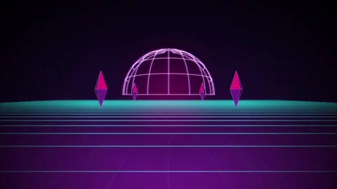 Retro synthwave wireframe dome floating crystals seamless loop Stock Footage 346332185