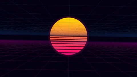 Retro synthwave wireframe grid moving towards sunset seamless loop animation Video stock 347073056