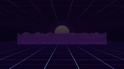 Retro synthwave wireframe grid moving sunset mountains seamless loop animation Video stock 347075051