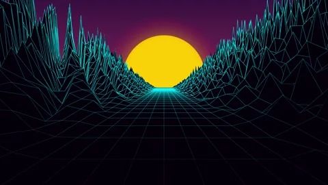 Retro synthwave wireframe landscape flight stock video Stock Footage 345694763