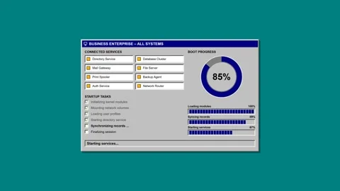 Retro system boot status progress interface loading. 4K 스톡 동영상 348301289