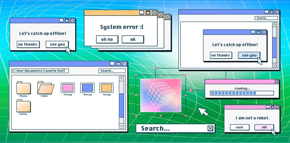 Retro system error message and old icons 스톡 일러스트