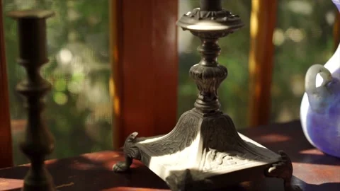 Retro table lamp on wooden table. stylish study in the village Stock Footage 152396592