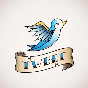 Retro Tattoo Dot Work Style Abstract Vector Bird Icon with Tweet Banner Stock Illustration