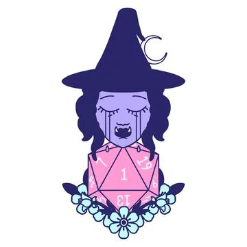 Retro Tattoo Style crying half orc witch with natural one D20 dice roll in .. Stock Illustration