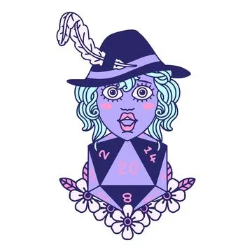 Retro Tattoo Style human bard with natural 20 dice roll in bright neon color Stock Illustration