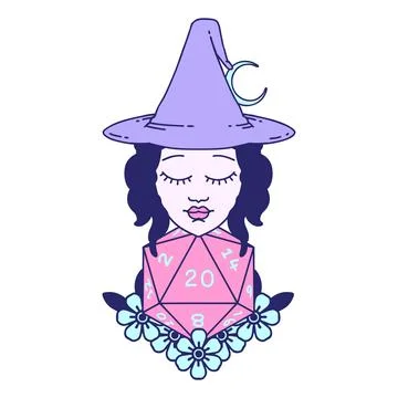 Retro Tattoo Style human witch with natural twenty dice roll in bright neon.. Stock Illustration