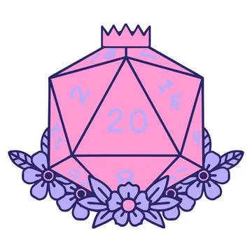 Retro Tattoo Style natural 20 D20 dice roll with floral elements in bright .. Illustrazione stock