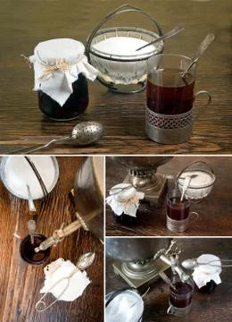 Retro tea time - old samovar at the table Stock Photos