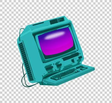 Retro teal desktop PC is showcasing flat design with CRT monitor cables, Stock Illustration