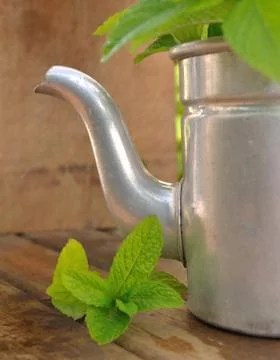 Retro teapot with leaf mint Stock Photos