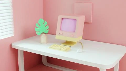 Retro Tech Charm: Vintage Computer Setup in Pastel Decor Illustrazione stock