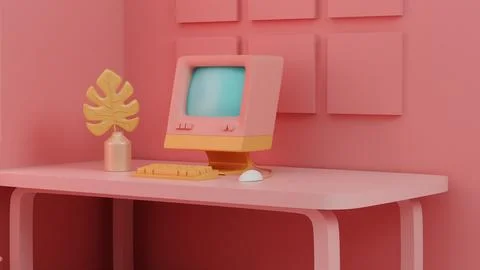 Retro Tech Charm: Vintage Computer Setup in Pastel Decor Stock Illustration