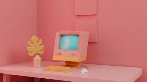 Retro Tech Charm: Vintage Computer Setup in Pastel Decor 스톡 일러스트