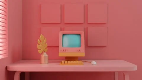 Retro Tech Charm: Vintage Computer Setup in Pastel Decor 스톡 일러스트