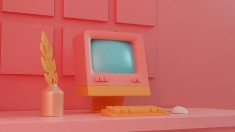 Retro Tech Charm: Vintage Computer Setup in Pastel Decor Illustrazione stock