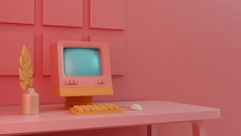 Retro Tech Charm: Vintage Computer Setup in Pastel Decor イラスト素材