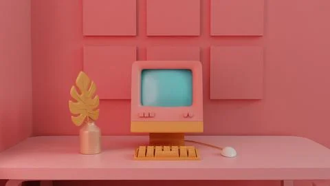 Retro Tech Charm: Vintage Computer Setup in Pastel Decor 스톡 일러스트