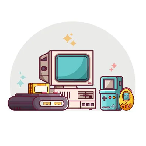 Retro Tech Devices Scene in Line Art Stock Illustration