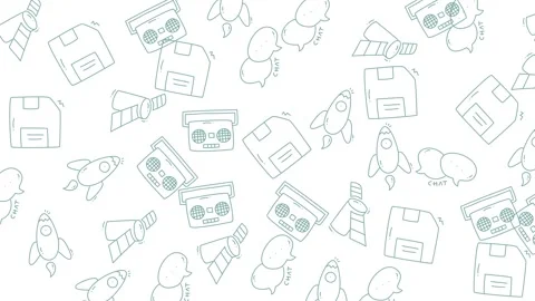 Retro Tech Pattern - Floppy Disks, Cassettes, and Rockets in a Nostalgic De.. Stock Footage 320164570