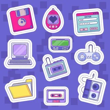 Retro tech sticker icons Stock Illustration