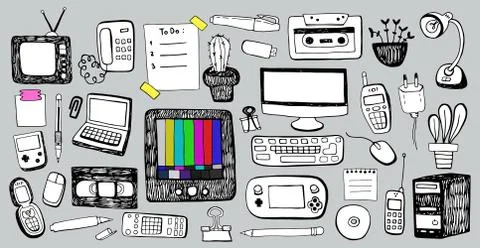 Retro Technic Collection. Hand drawn computer and TV set. Stock Illustration