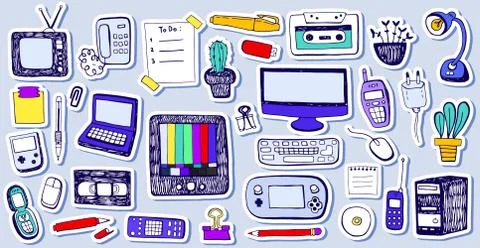 Retro Technic Collection. Hand drawn computer and TV set. Stock Illustration