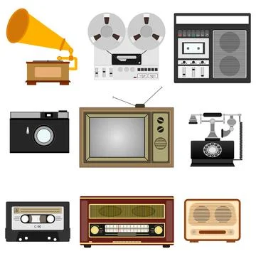 Retro technique. TV, gramophone, bobbin tape recorder, radio, telephone. 스톡 일러스트