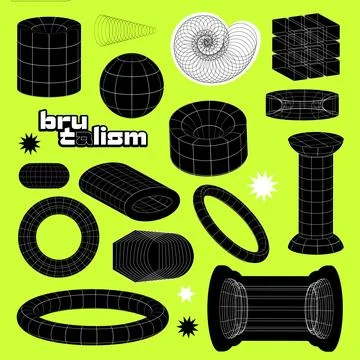 Retro techno abstract geometric shapes set in brytalism style. Minimal line art Illustrazione stock